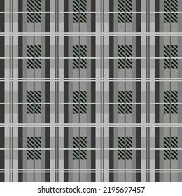 Seamless tartan plaid pattern. Checkered fabric texture print in stripes of dark and light grey on white background.