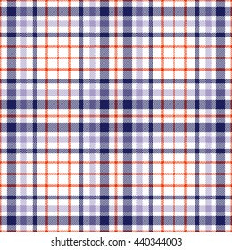 Seamless tartan plaid pattern. Checkered fabric texture print in navy blue, red & lavender stripes on white background.