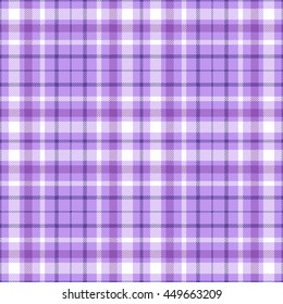Seamless tartan plaid pattern. Checkered fabric texture print in stripes of white, purple & violet on lavender background.
