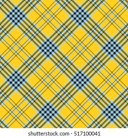 Seamless Tartan Plaid Pattern. Checkered Textile Design In Blue & Black Stripes On Yellow Background.