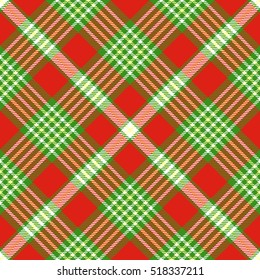 Seamless tartan plaid pattern. Checkered textile design in Christmas palette of bright red, green & white.  