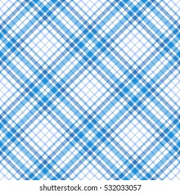 Seamless tartan plaid pattern. Checkered textile print. Diagonal stripes in shades of blue on white background.