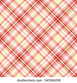 Seamless tartan plaid pattern. Checkered fabric texture print in soft shades of red, pale yellow and white.