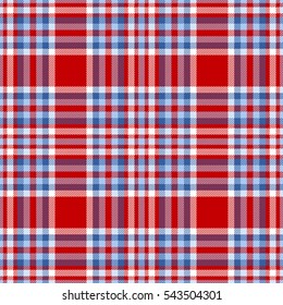 Seamless tartan plaid pattern. Checkered fabric texture print in moderate blue, light blue, white and bright red. 