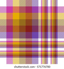 Seamless tartan plaid pattern. Checkered fabric texture print in stripes of pink, orange, olive brown, dark red, purple and white