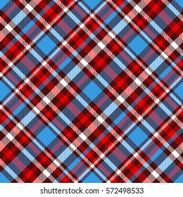 Seamless tartan plaid pattern. Checkered fabric texture print in stripes of blue, red, dark blackish red and white