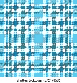 Seamless tartan plaid pattern. Checkered fabric texture print in stripes of bright blue, teal green, teal blue and white. 