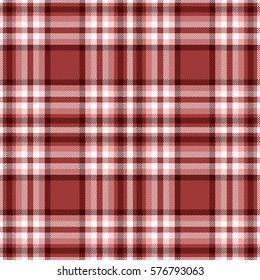 Seamless tartan plaid pattern. Checkered fabric texture print in stripes of dark moderate red, pink, white and dark maroon.