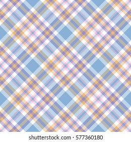 Seamless tartan plaid pattern. Checkered fabric twill texture design in pastel palette of greenish blue, pale orange, violet, pink and white