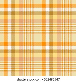 Seamless tartan plaid pattern. Checkered fabric texture print in shades of orange, yellow and white.