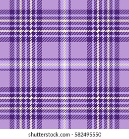 Seamless tartan plaid pattern. Checkered fabric texture print in shades of lavender, purple and cream.