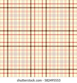 Seamless tartan plaid pattern. Checkered fabric texture print in stripes of dark and faded red, cream and pale grey.