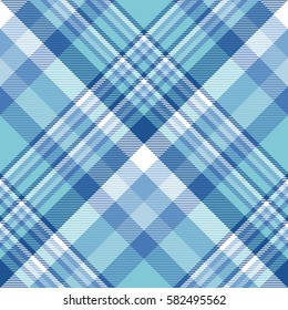 Seamless tartan plaid pattern. Checkered fabric texture print in shades of blue, white and aquamarine.