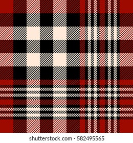 Seamless tartan plaid pattern. Checkered fabric texture print in stripes of dark red, black and beige