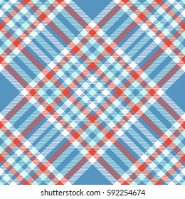 Seamless tartan plaid pattern. Checkered fabric texture print in diagonal stripes of blue, red and white. 