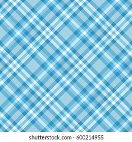 Seamless tartan plaid pattern. Checkered fabric texture print in diagonal stripes of dark, faded and bright azure blue and white. 
