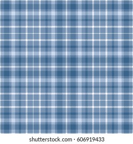 Seamless tartan plaid pattern. Checkered fabric texture print in shades of dark and dusty blue, pale grayish blue and white.