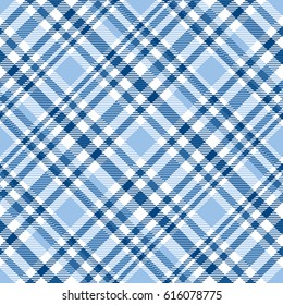 Seamless tartan plaid pattern. Checkered fabric texture print in stripes of light blue, navy blue and white.