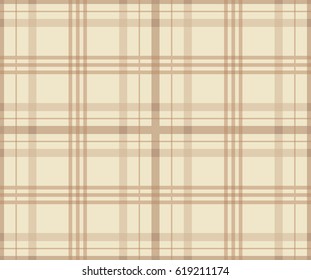 Seamless tartan plaid pattern. Checkered fabric texture print in stripes cream and pale  brown colors. Fashion wallpaper vector illustration.