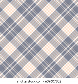 Seamless tartan plaid pattern. Checkered fabric texture design in palette of light gray, pale orange and white. 