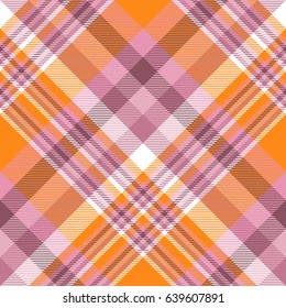 Seamless tartan plaid pattern. Checkered fabric texture design in shades of pink, orange and white. 