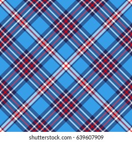 Seamless tartan plaid pattern. Checkered fabric texture design in palette of blue, red and white. 