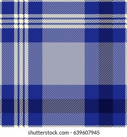 Seamless tartan plaid pattern. Checkered fabric texture design in palette of navy blue, dusty blue and cream. 