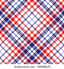 Seamless tartan plaid pattern. Checkered fabric texture print in red, white and blue. 