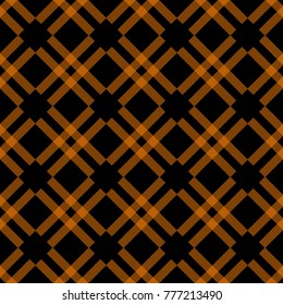 Seamless tartan plaid pattern. Checkered fabric twill texture design in stripes of black, orange, dark red, blue and white. Vector swatch for digital textile printing