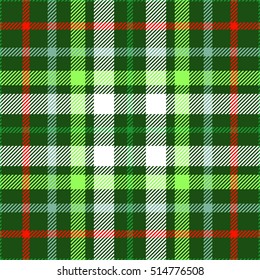 Seamless tartan plaid pattern in Christmas color palette of red, green & white. Traditional checkered textile print. Tartan fabric texture background. Vintage plaid clothing design. 