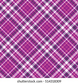 Seamless tartan plaid pattern. Tartan design in pink, dark purple & white stripes on fuchsia pink background.