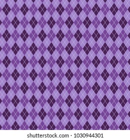 Seamless tartan plaid pattern. Diagonal check print in stripes of dark purple, light lavender purple and pale periwinkle blue. Fabric texture background.
