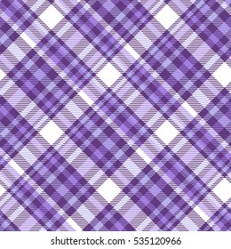 Seamless tartan plaid pattern. Diagonal check print in stripes of dark purple, light lavender purple and pale periwinkle blue on white background. Fabric texture background. 