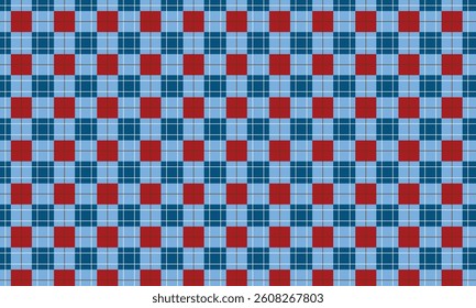 A seamless tartan plaid pattern featuring red squares on a blue and navy background. Symmetrical grid design with intersecting lines, ideal for fabric, textile, or digital backgrounds.