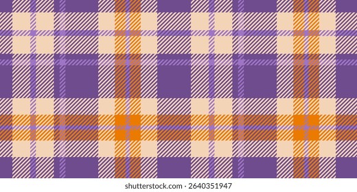 A seamless tartan plaid pattern featuring a harmonious blend of beige, purple, and orange hues. Ideal for textile design, fashion, backgrounds, and creative projects with a modern classic appeal.