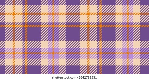 A seamless tartan plaid pattern featuring bold purple and orange hues with beige accents. Designed with a traditional woven texture