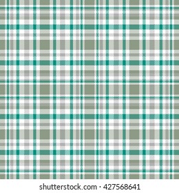Seamless tartan plaid pattern in grayish green, dark cyan green, gray & white.