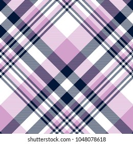 Seamless tartan plaid pattern in light pinkish violet, dark navy blue and white. Classic fabric texture for digital textile printing. 