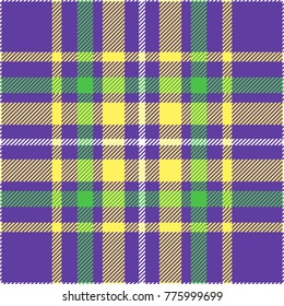 Seamless tartan plaid pattern. Mardi Gras color palette of green, gold and purple. 