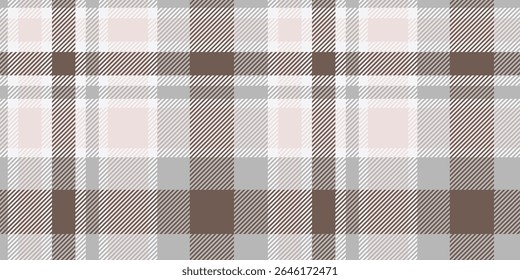 Um padrão xadrez tartan sem costura em tons de cinza neutro e marrom com tons suaves rosa, apresentando uma textura tecida clássica.