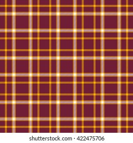 Seamless tartan plaid pattern. Orange and white stripes on claret purplish red background.