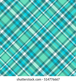 Seamless tartan plaid pattern in palette of aqua cyan green, teal green, white & turquoise green. Traditional checkered textile print. Tartan fabric texture background. Vintage plaid clothing design. 