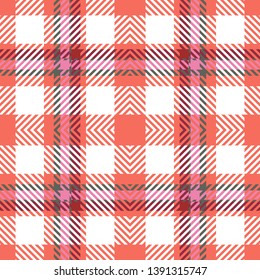 Seamless tartan plaid pattern in red, pink, green and white combination for textile design. Fabric texture background. Trendy tiling illustration for wrapping papers