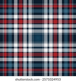 Seamless tartan plaid pattern in red, blue, and white hues, ideal for textile design, fashion projects, and home decor backgrounds. Perfect for classic and modern themes.