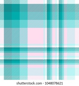 Seamless tartan plaid pattern in shades of teal, aqua, pale pink and white. Classic fabric texture for digital textile printing. 