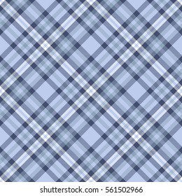 Seamless tartan plaid pattern in shades of dusty blue, grayish indigo and white. Vector swatch of checkered twill fabric texture