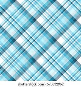 Seamless tartan plaid pattern in shades of light blue, teal blue and white. Traditional checkered texture for clothing fabric prints & home textile.