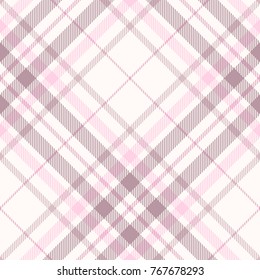Seamless tartan plaid pattern in shades of pink, dusty purple and white. 