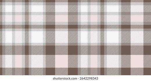 A seamless tartan plaid pattern in soft grey, brown, and white tones. Perfect for textile design, fashion, home decor, and creative projects with a neutral and elegant aesthetic.