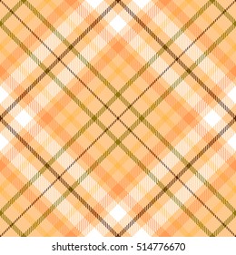 Seamless tartan plaid pattern in soft pastel orange, yellow, olive green, brown & white. Traditional checkered textile print. Tartan fabric texture background. Vintage plaid clothing design. 